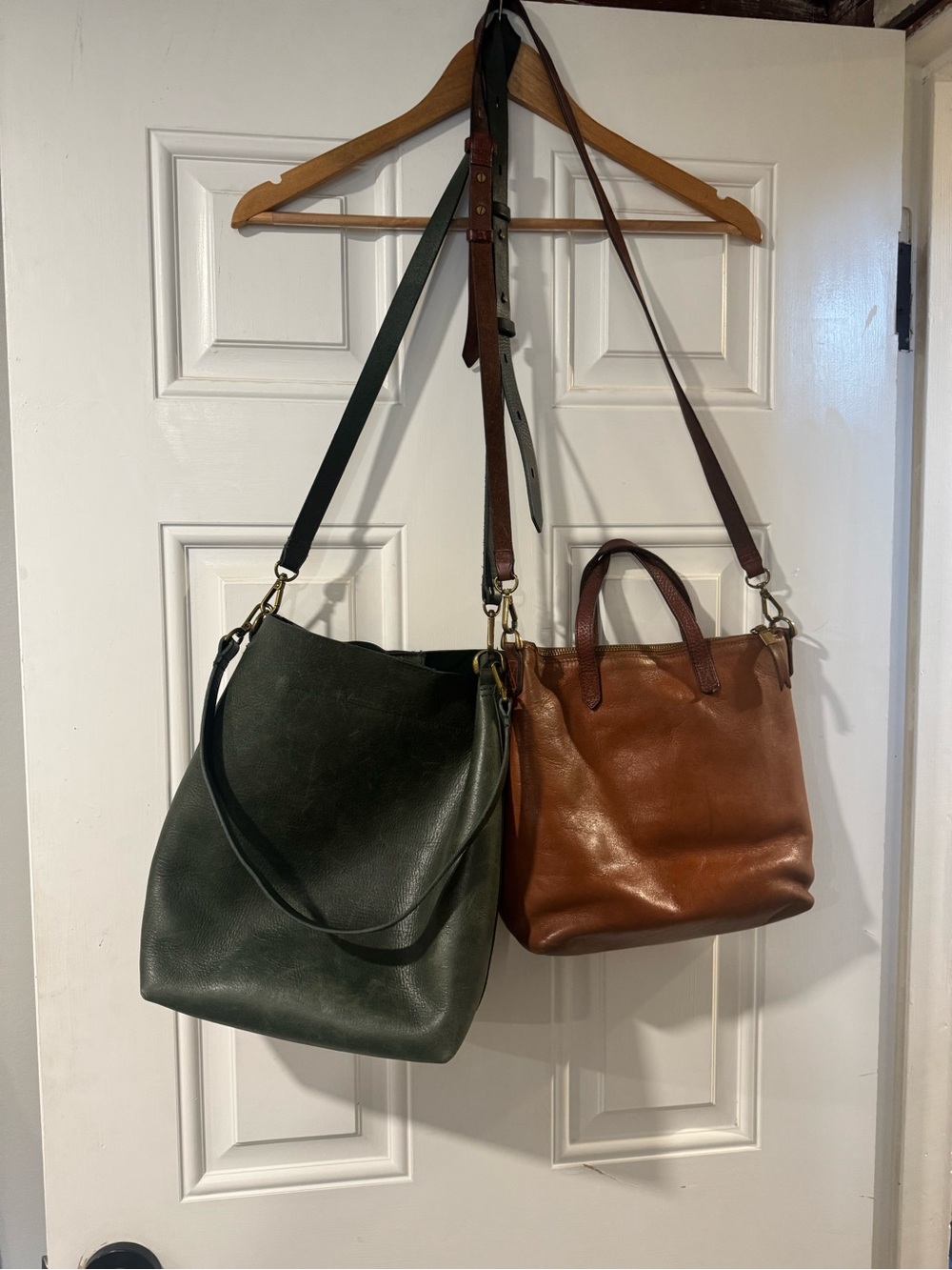 Madewell leather messenger Shoulder Bag - Dark Green and camel